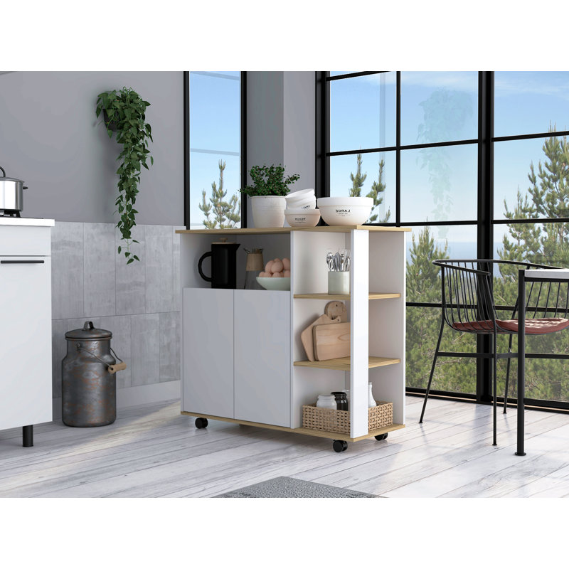 Îlot de cuisine Kamkacht, une armoire, quatre tablettes ouvertes, finition chêne clair / blanc