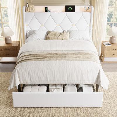 Upholstered Platform Bed With Large Footboard Storage Drawers,  Open Headboard Shelf, LED Lights, USB-C Charging, No Box Spring Needed, Chenille or Dutch Velvet Options, Full size