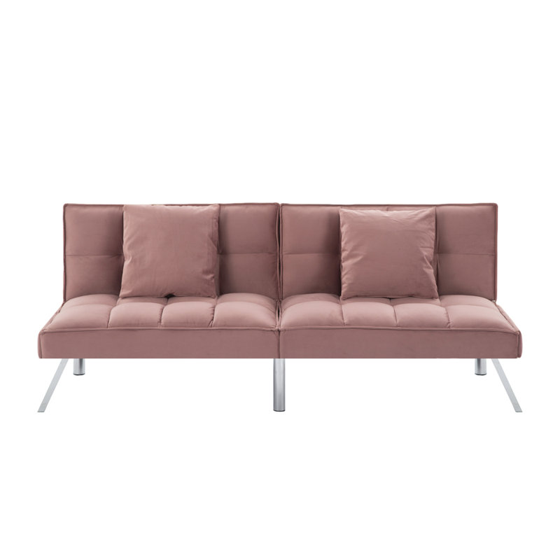 Futon Convertible Sofa Bed with Metal Legs, Pink Velvet