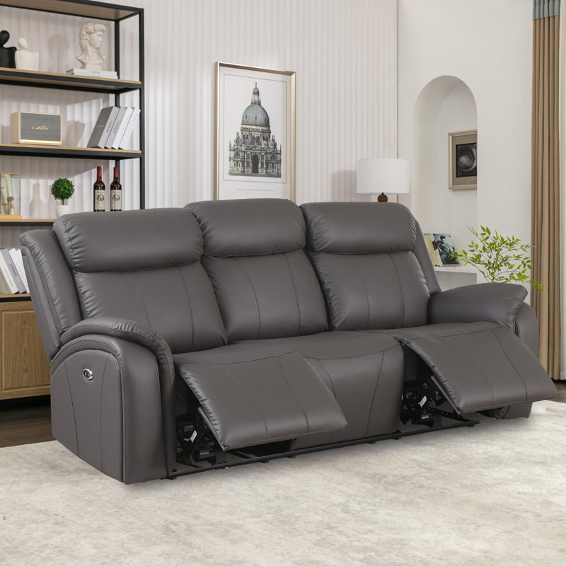 Edder Upholstered Vegan Leather Power Reclining Sofa With USB Port, Gray Leather