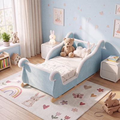 Sleigh-Shaped Upholstered Toddler Bed, Velvet Kids Bed Frame with Fuzzy Trim & Raised Guardrails, Fits Standard Crib Mattress