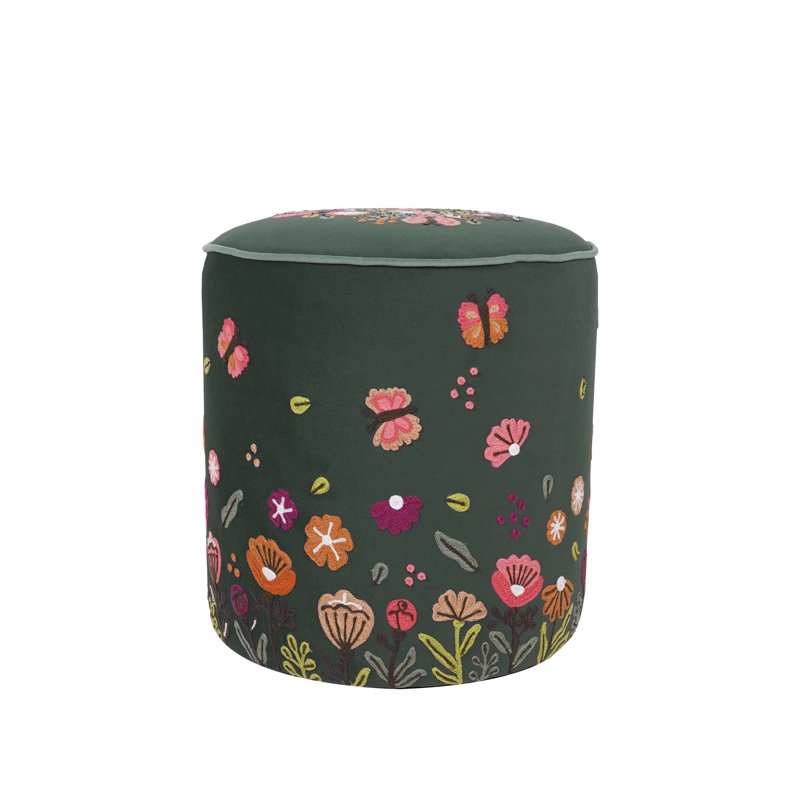 Handmade Embroidered Velvet Upholstered Ottoman, Dark Green,  Green Floral