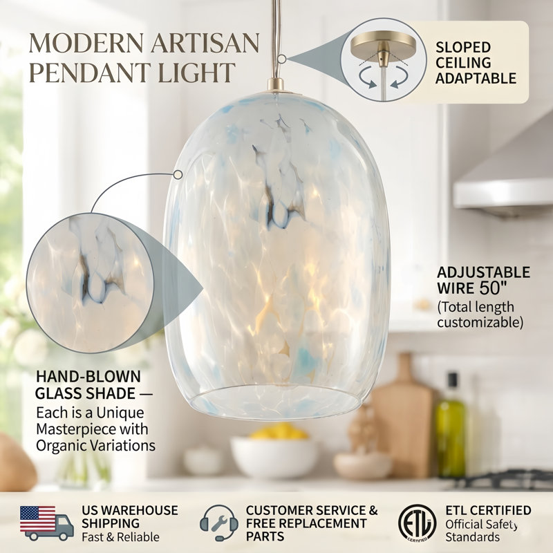 1 - Light 5" W Modern Nickel Jar Pendant with Hand-Blown Art Glass for Dining Room or Kitchen Island, Blue