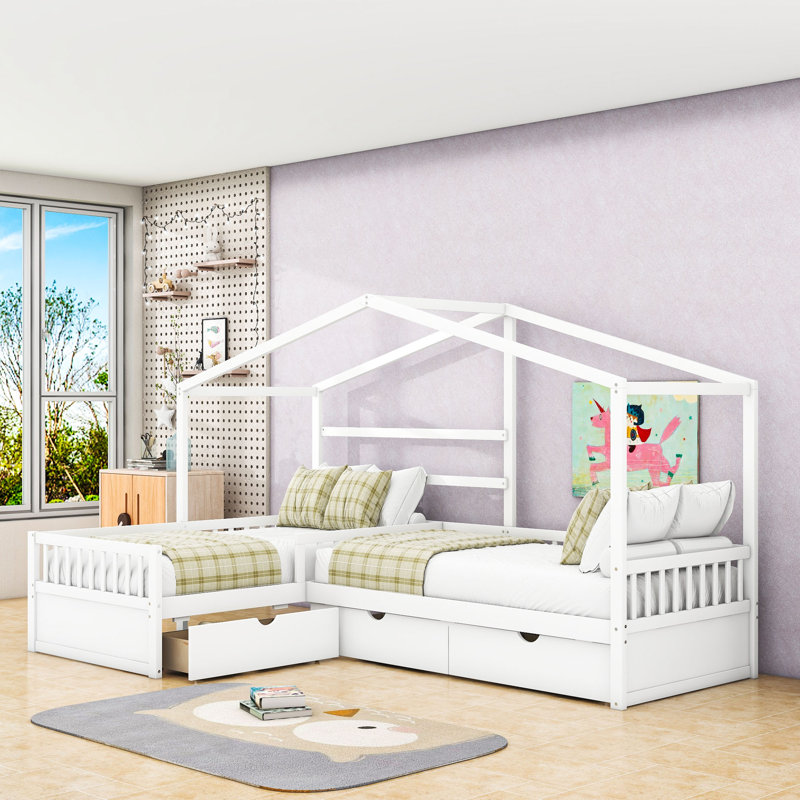 3 Drawers Twin Wooden L-Shaped House Platform Bed, White