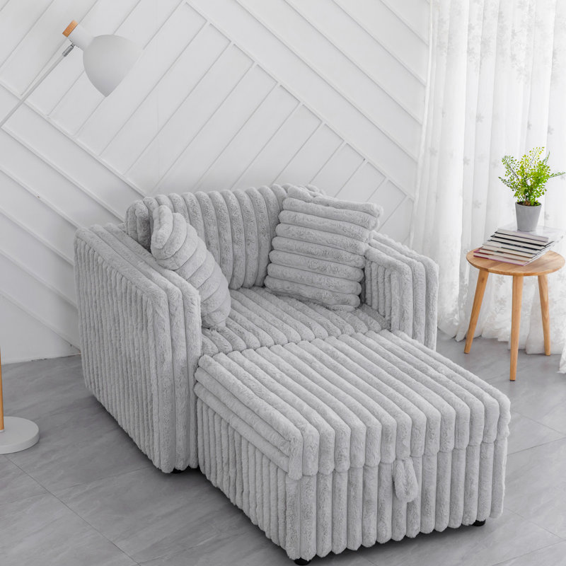 Fauteuil en fausse fourrure avec repose-pieds, Fausse fourrure beige