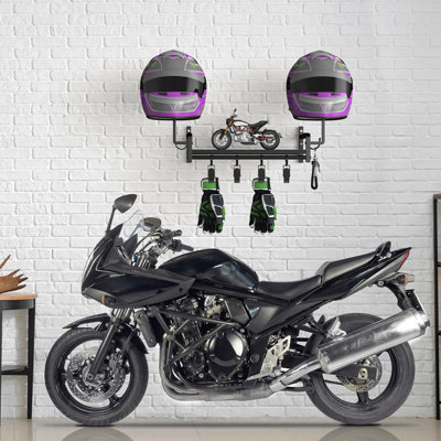 Helmet Rack Wall Mount Black Motorcycle Helmet Holder With Shelf, Gear Storage Rack With Hooks, 4 Glove Clips For Motorcycle Accessories