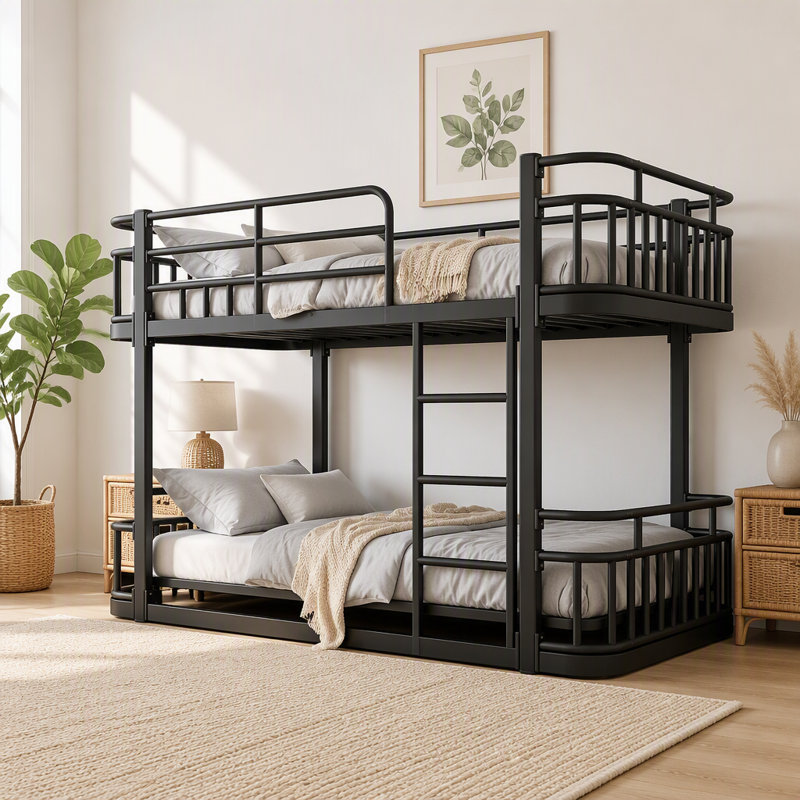 Lit superposé simple TG au-dessus de simple TG avec échelles et garde-corps, structure en métal à tuyaux ronds améliorés, élégant et polyvalent pour toutes les pièces, adolescents et adultes, noir