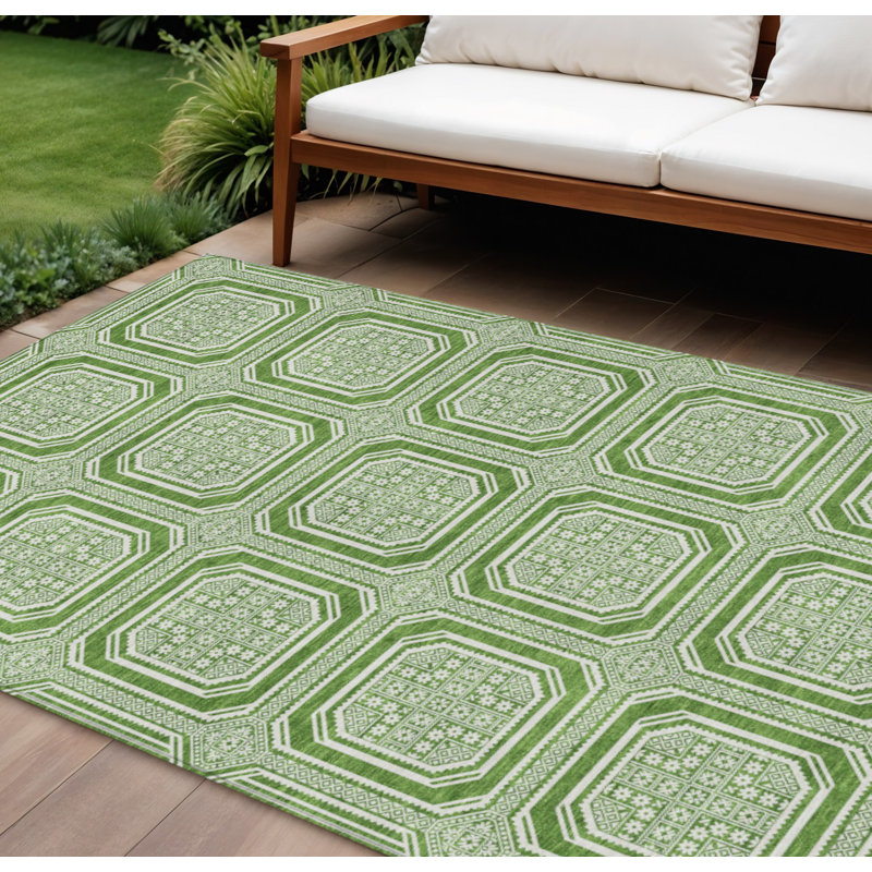 9' X 12' Green And Ivory Geometric Washable Indoor Outdoor Area Rug