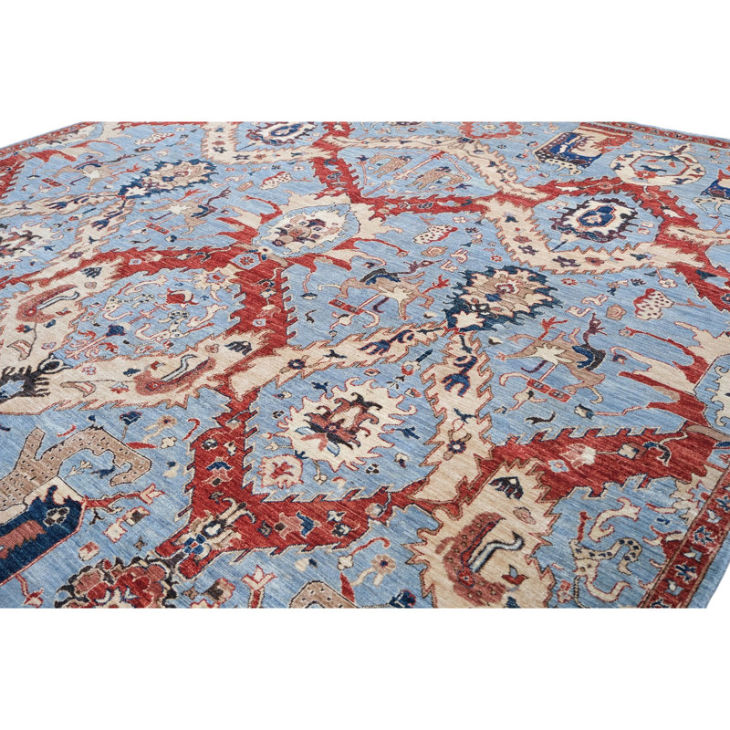 High-Quality Hand-Knotted Blue And Rust Area Rug