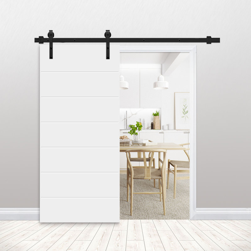 Porte de grange à panneaux creux peinte avec quincaillerie d'installation, H 80 po x l 34 po, Blanc, Noir mat