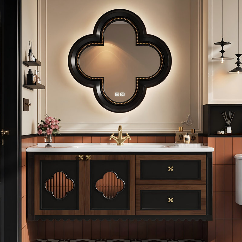 Meuble-lavabo mural en chêne massif bicolore noir et brun avec miroir intelligent, H 19,68 po x l 43,70 po x P 19,68 po
