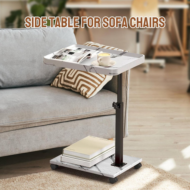Adjustable C-Shaped Side Table With 360° Swivel And Wheels, Lightweight End Table For Sofa, Bedside, Living Room, And Small Spaces
