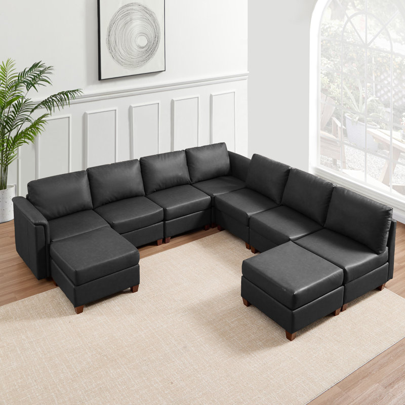 9-Piece Modern Upholstered Sectional Sofa, Gray Faux Leather, Brown Wood
