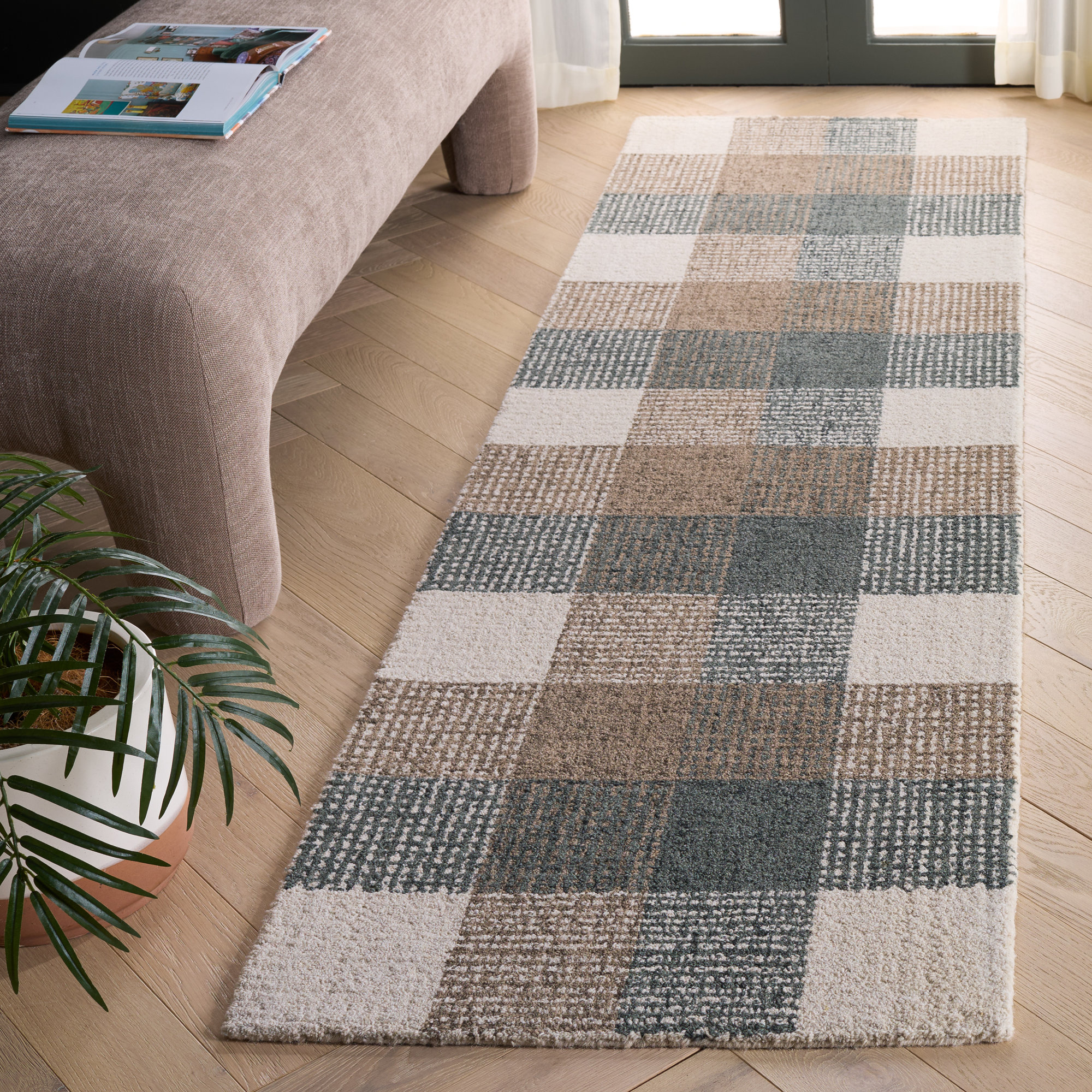 Genre Hand Tufted Wool;Cotton Plaid Rug, Runner 2'3" x 8'
