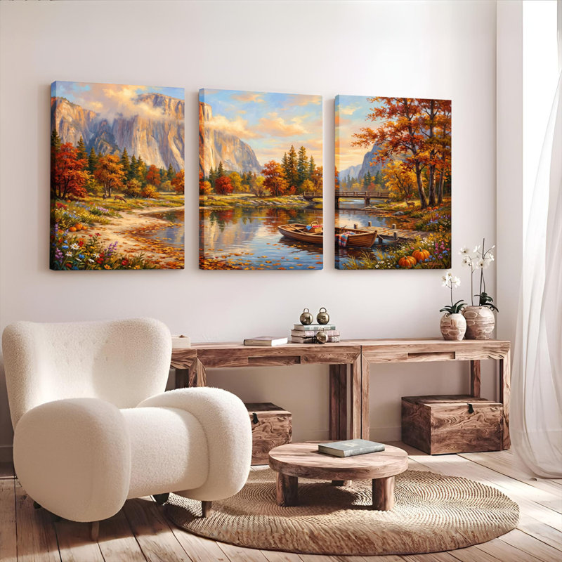 Ensemble de 3 tableaux sur toile tendue représentant un paysage d'automne avec montagnes, rivière et bateaux, 2030
