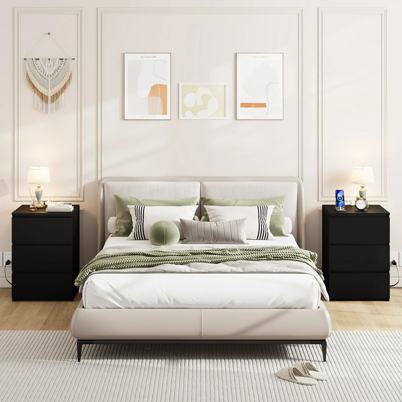 3-Drawer Nightstands with Outlets and USB Ports, 2 Pcs, Black