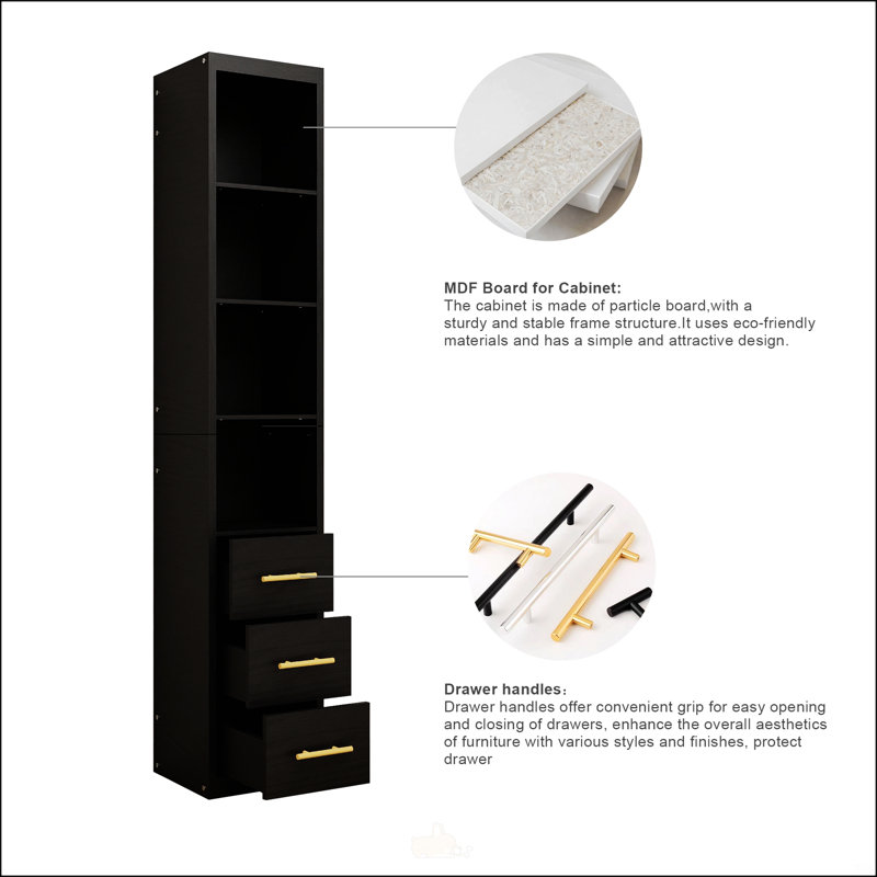 Meuble de rangement de 216 cm de haut avec tiroirs et étagères, design étroit pour salle de bain, buanderie et salon, noir