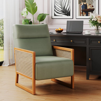 Upholstered Accent Chair With Rattan Arms And Solid Wood Legs by Bay Isle Home