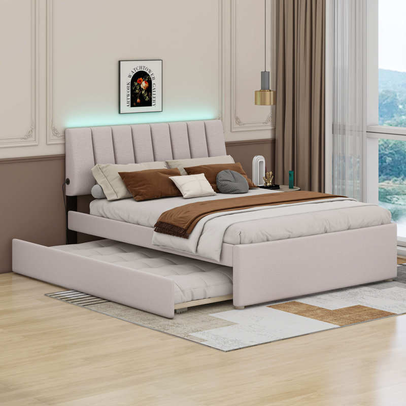 Teddy Fleece Full Size Upholstered Platform Bed with Trundle, Beige