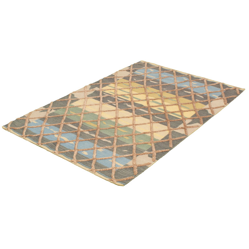 Tapis unique en laine noué à la main style Anatolian beige / gris / bleu années 2010 5 pi x 8 pi Phyllida