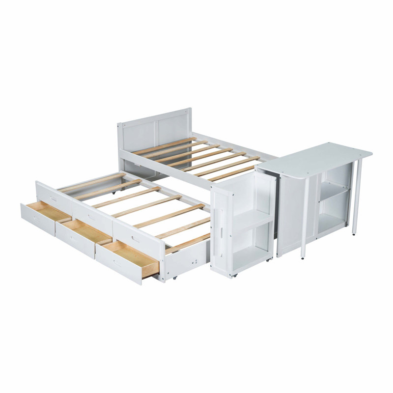 Lit plateforme blanc multifonctionnel en bois avec bureau de bout, tablette de rangement, lit gigogne intégré et 3 tiroirs