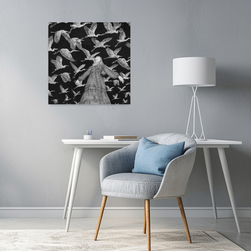 «Ethereal Woman Flying Herons», art mystérieux, oiseau, nature, paysage abstrait, 24" H x 24" W
