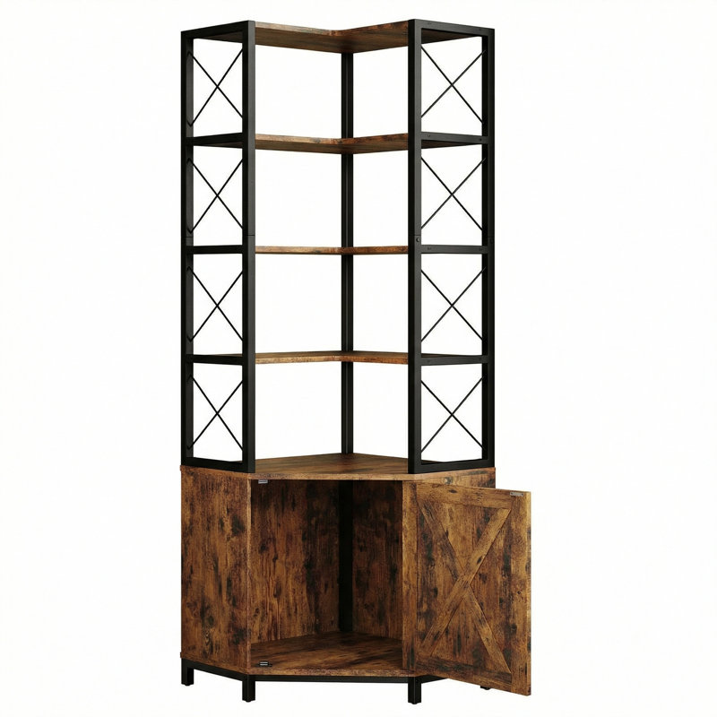 77.9" Tall Corner Bookshelf With 5-tier Open Display Shelves,  L-shaped Bookcase With Closed Storage Cabinet, Adjustable Foot, Anti-tip Device For Living Room, Office, Study