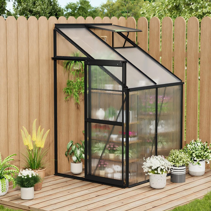 Lean-to Polycarbonate Greenhouse Kit with Walk-In Winter Plant Shelter, Adjustable Roof Vent, Sliding Lockable Door & Sturdy Aluminum Frame for Patio or Backyard, 4x4 FT (Black Oxide)