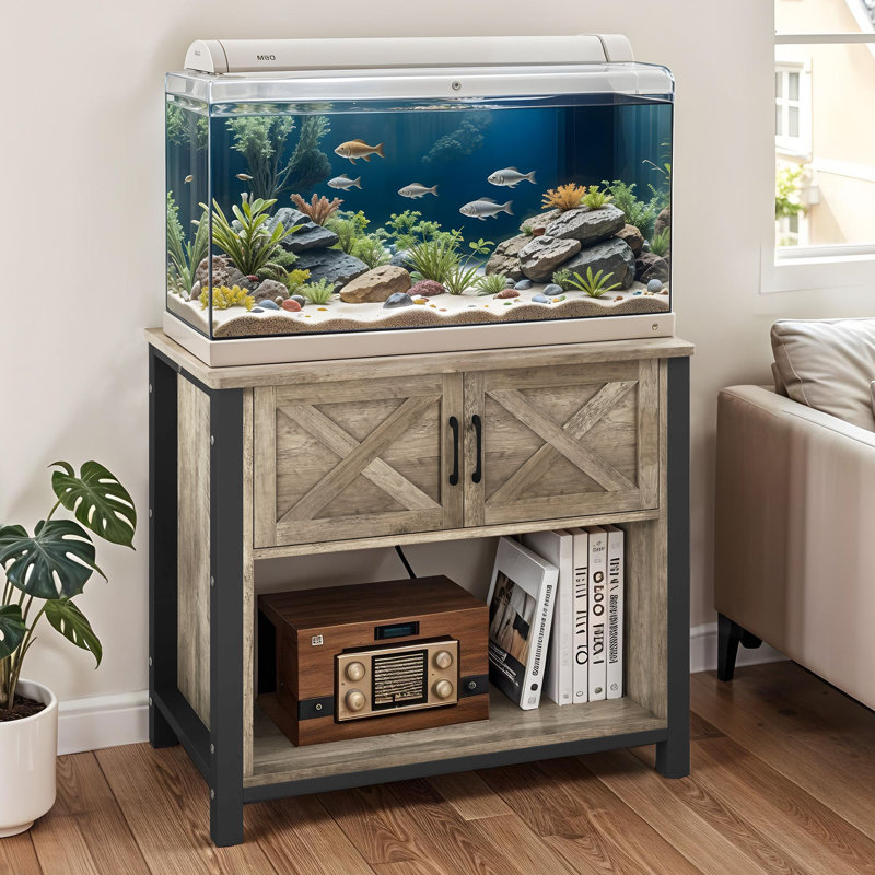 3-in-1 Space-Saving Aquarium Stand with Built-In Storage and Power Outlets, Grey/Black