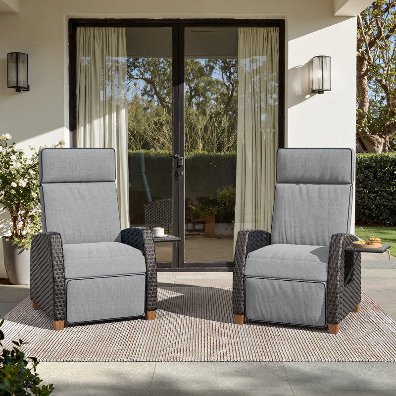 Moore Wicker Recliner Patio Chair With Cushions, Set of 2, Gray Cushion/Matte Black Frame