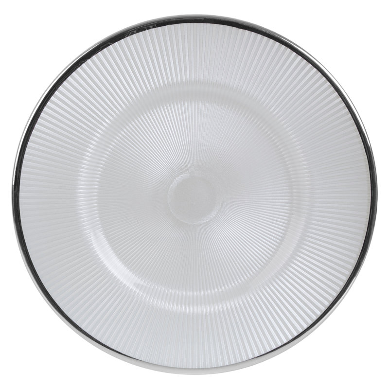 Ida White Embossed Glass Dinner Plate with Silver Rim, Silver/Grey
