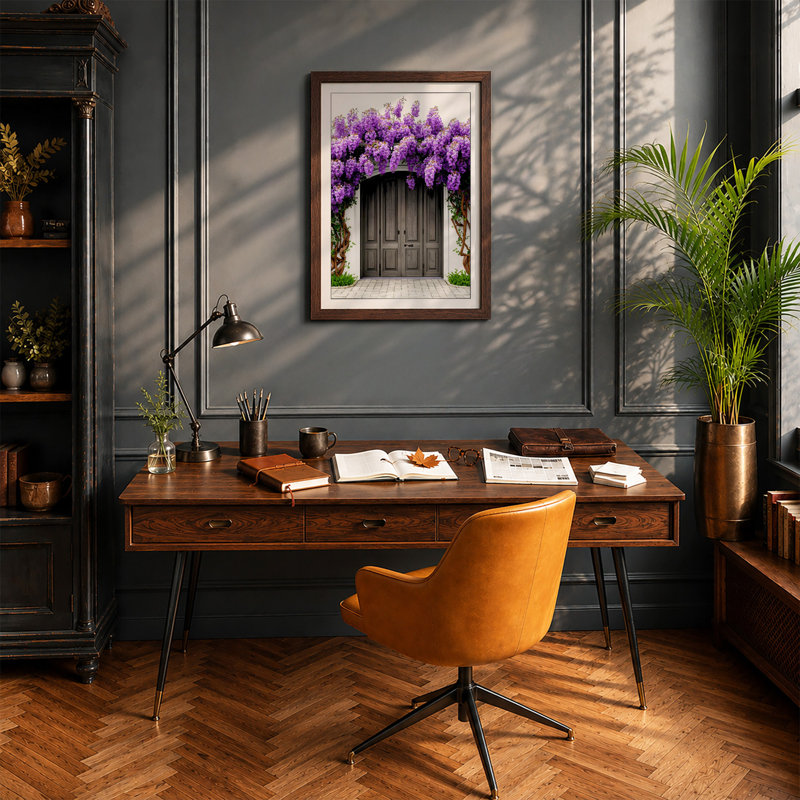 Purple Blooms at the Door Coastal - Framed Print, A1 - 84.1 x 59.4 cm, Walnut