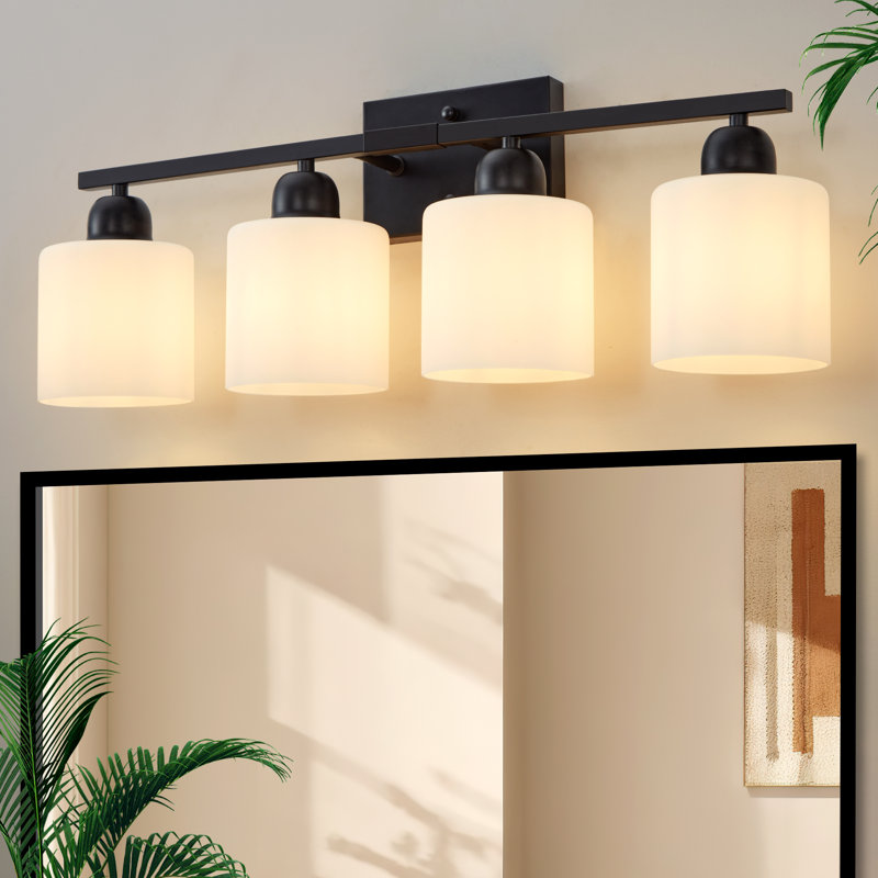  4-Light Dimmable Bathroom Vanity Light with Frosted Milk Glass Shades, Matte Black, 4 Lights