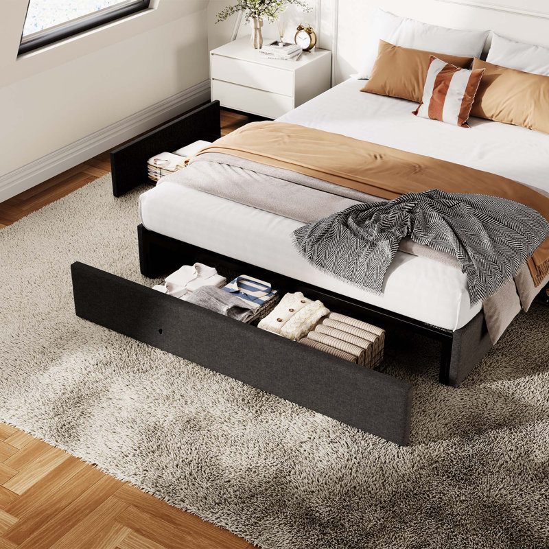 Structure de lit avec 3 grands tiroirs de rangement, lit plateforme tapissier en tissu, support de lattes en bois, aucun sommier requis