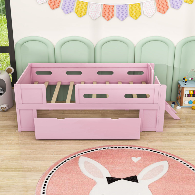 Wood Low Loft Bed with Guardrail and Storage Drawer,Ladder, Twin, Pink