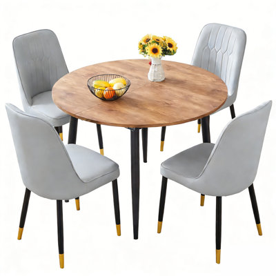 Modern 5-Piece Extendable Round Dining Set, Wood MDF Table to Oval & 4 Gray PU Chairs