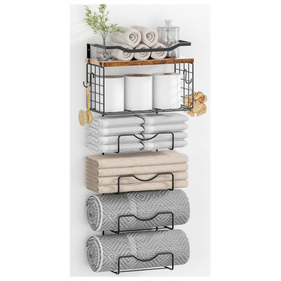 Porte-serviettes pour salle de bain, porte-serviettes mural, porte-serviettes roulé ou plié à 6 niveaux avec tablettes flottantes brun