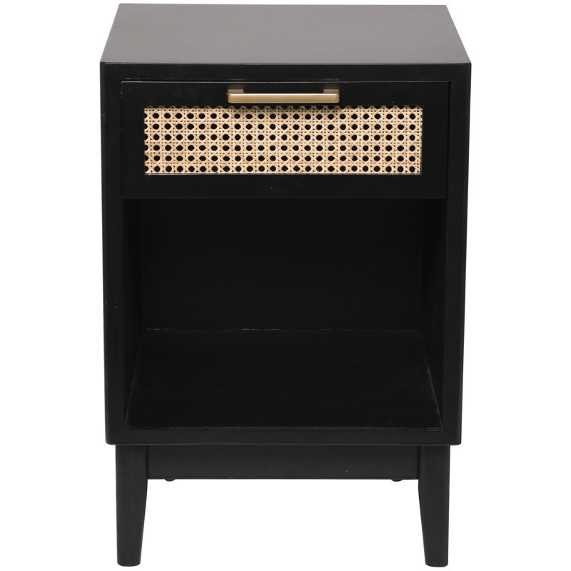 Table d'appoint à 1 tiroir et 1 tablette en bois Consuelo avec tiroir avant en canne et poignée dorée, Noir