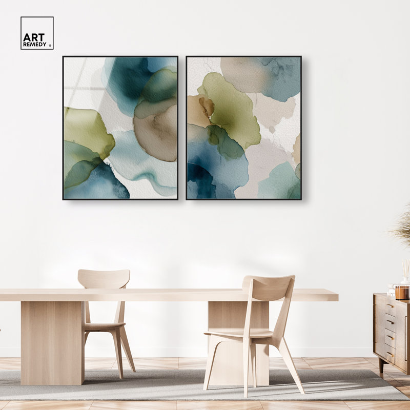 «Moss Forms Duo», ensemble d'art mural à l'aquarelle sur toile par Art Remedy, cadre noir, 36 x 45, 46"H x 37"W, Black Frame