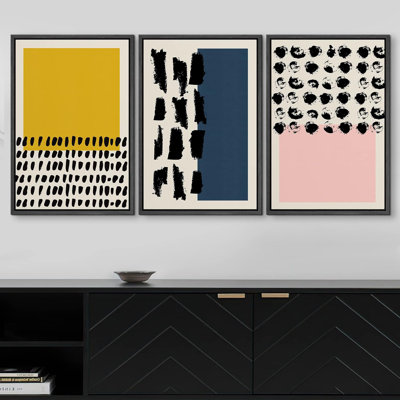 Jaune, bleu et rose blocs multicolores avec des formes d'encre foncées motifs géométriques Art moderne nordique sur toile, reproduction de 3 pièces