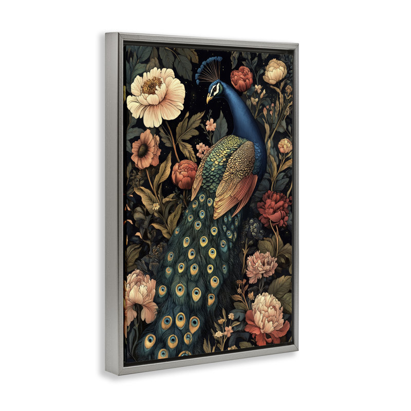 Paon rétro dans un cadre flottant floral, design par Petal Prints Design, H 31 po x l 21 po, Cadre flottant gris lustré