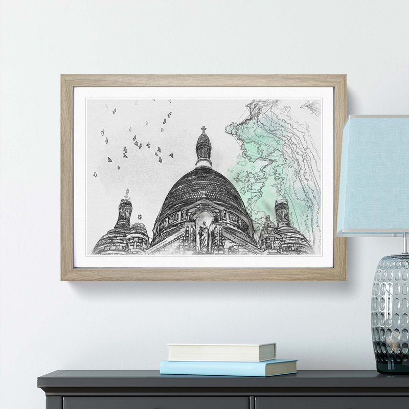 Birds Above Sacre Coeur Paris in Abstract - Picture Frame Graphic Art Print, 36cm H x 48cm W x 2cm D, Oak Framed