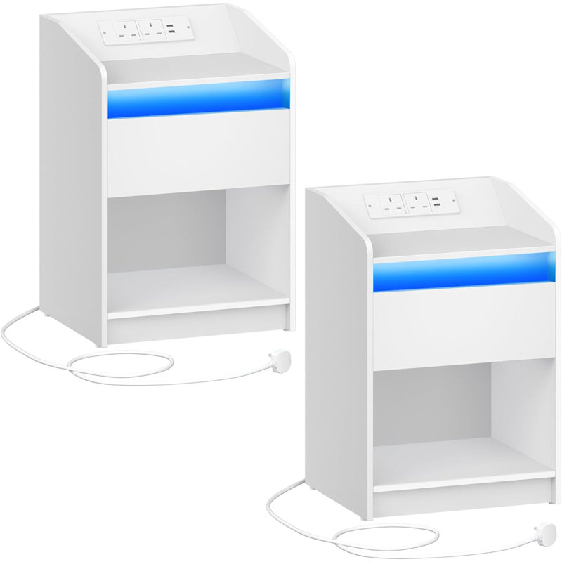 Bedside Table Set of 2 with LED Light, Bedside Cabinet with Charging Station, 1 Storage Drawer Nightstand for Bedroom, Living Room, 2 USB Port, 2 Outlets, Open Compartment