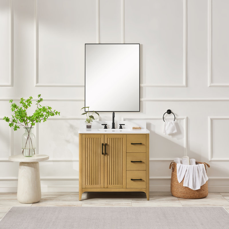 Meuble-lavabo en bois massif 36 po avec rangement de chargement USB, Bois de chêne