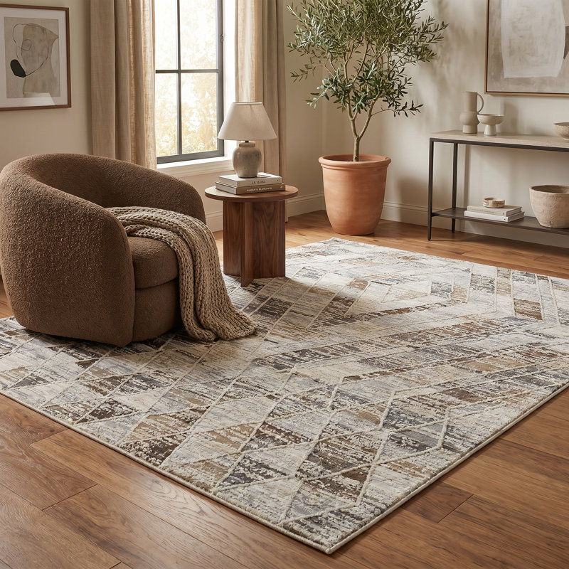 Tapis à motif géométrique beige / brun 4 pi x 6 pi (3 pi 11 po x 5 pi 7 po) Branch Branch Ritu, tapis moderne, à poils moyens et résistant aux taches