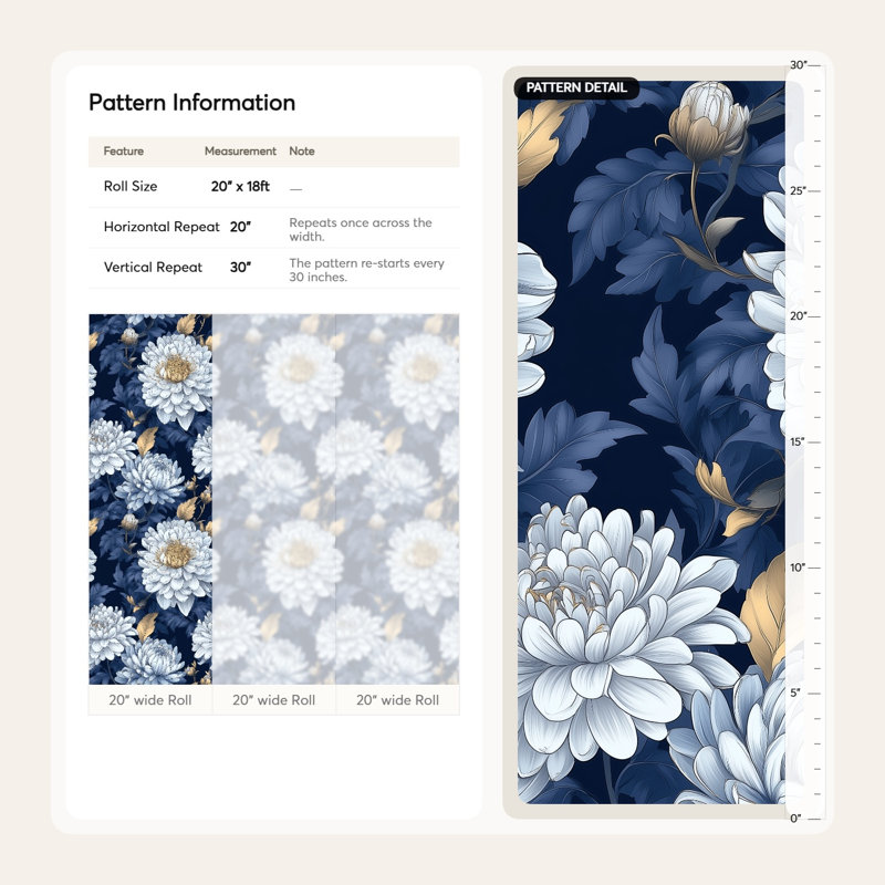 Papier peint adhésif floral bleu marine | Opulent mur de chrysanthème