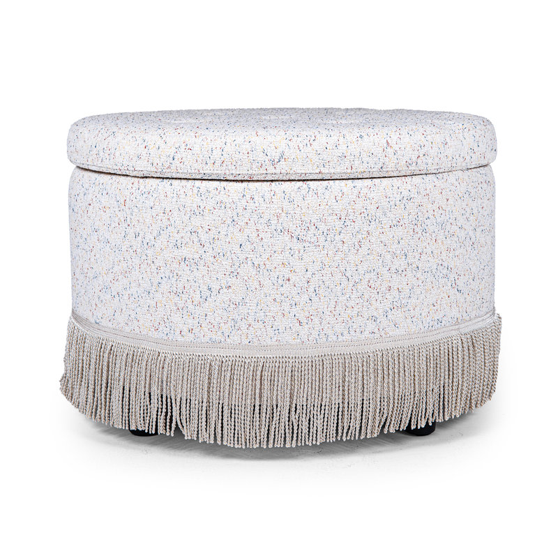 Fully Assembled Round Linen Blend Storage Ottoman with Tassel Trim, Beige Linen
