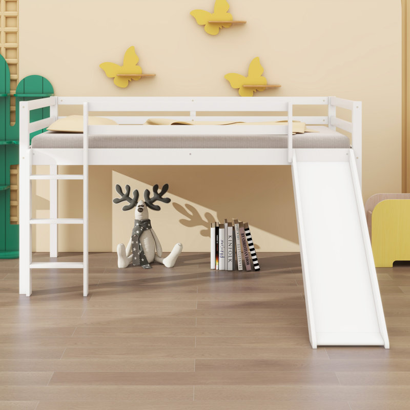 Lit mezzanine bas avec glissade, échelle, barrières de sécurité, Blanc