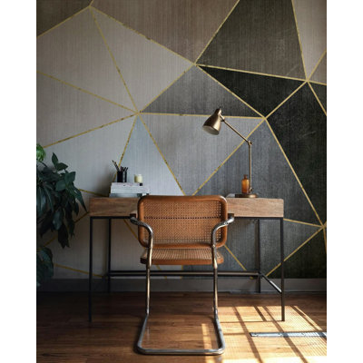 Grey Geometric Gold Line Modern Wallpaper