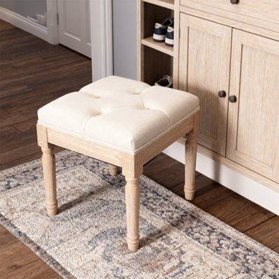 Small Padded Bench, Square Upholstered Rustic Ottoman Bench, Vanity Stools For Bedroom, 15.75" X 15.75" X 15.75" Beige